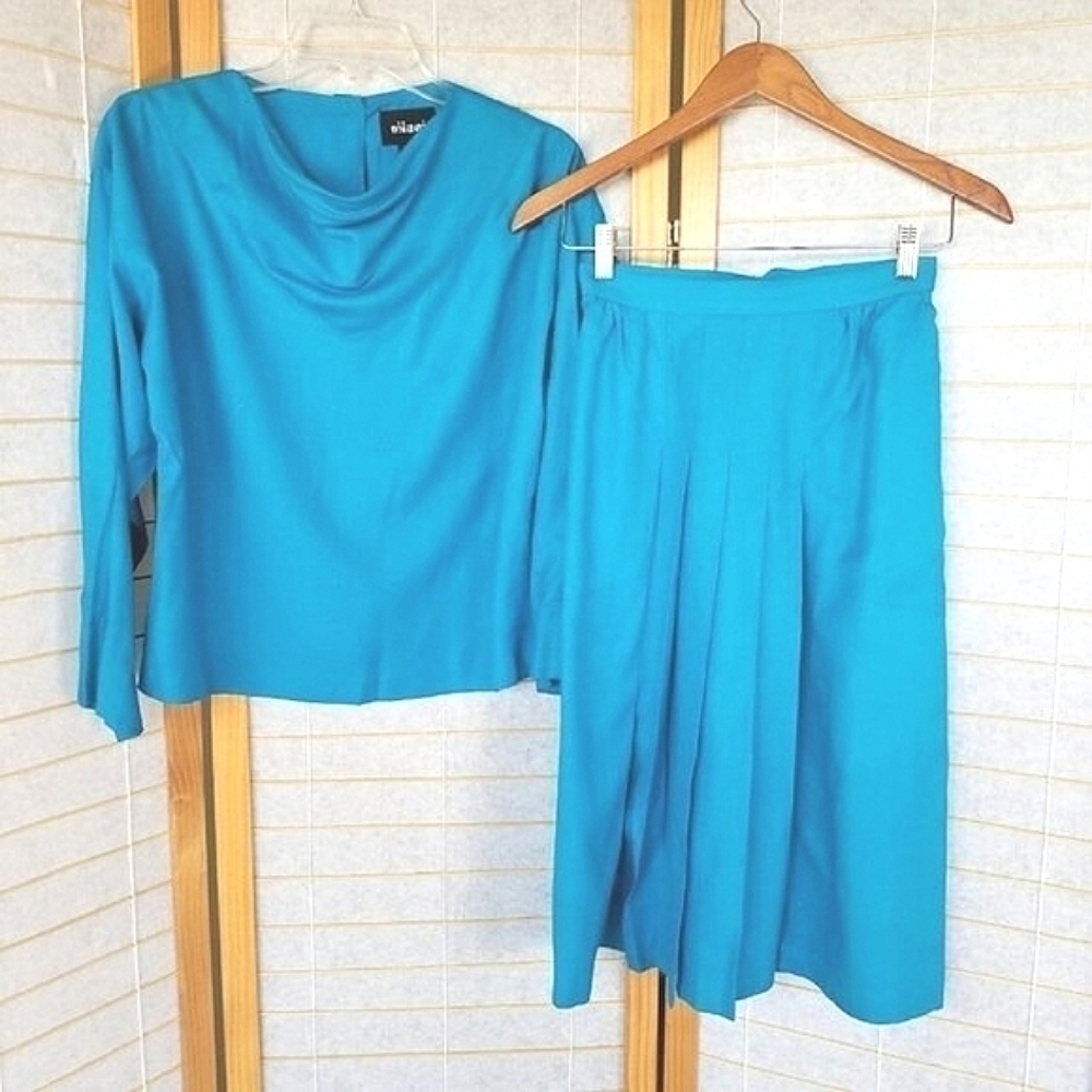 Vintage 100% Silk Two-Piece Skirt & Top Set Bright Blue Nilani 90's Size 6